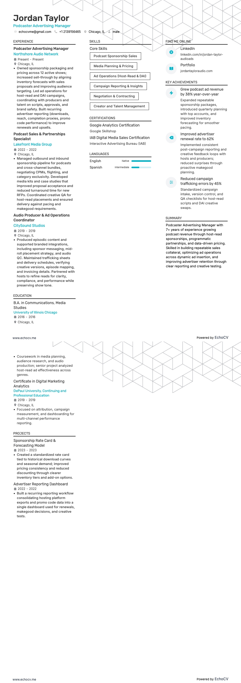 Podcaster Advertising Manager example resume