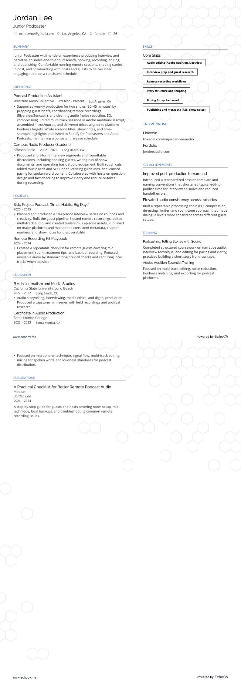 Junior Podcaster example resume