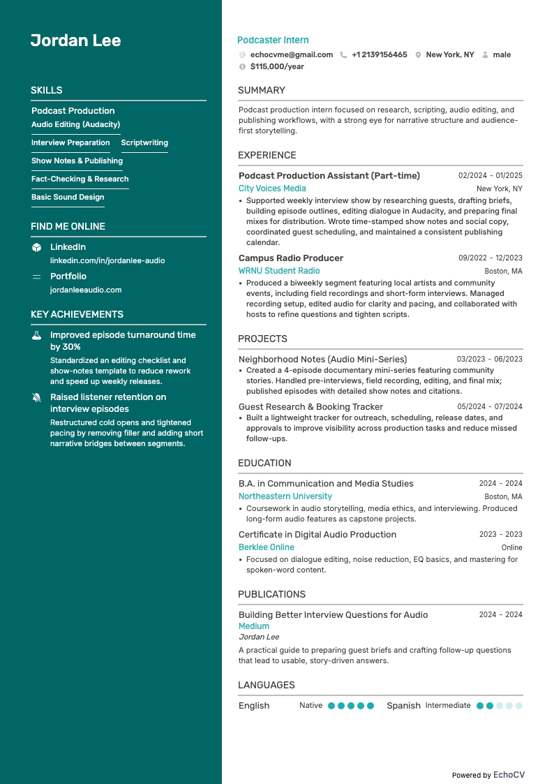 Podcaster Intern example resume