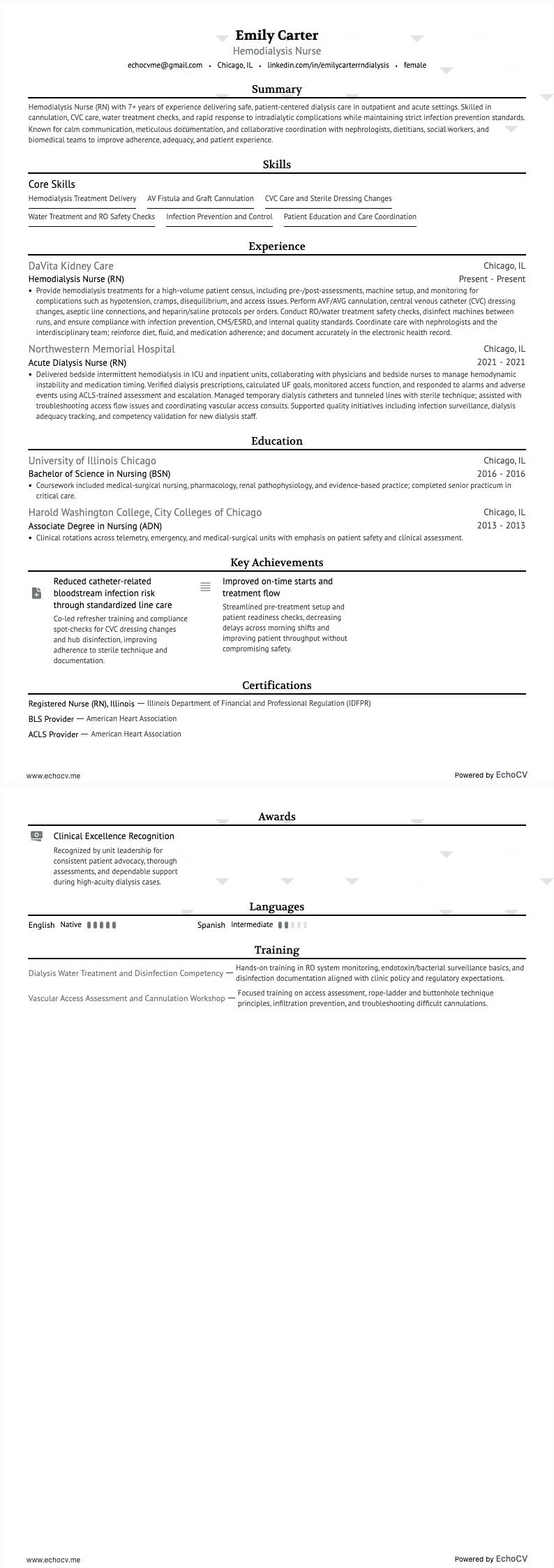 Điều dưỡng chạy thận nhân tạo example resume