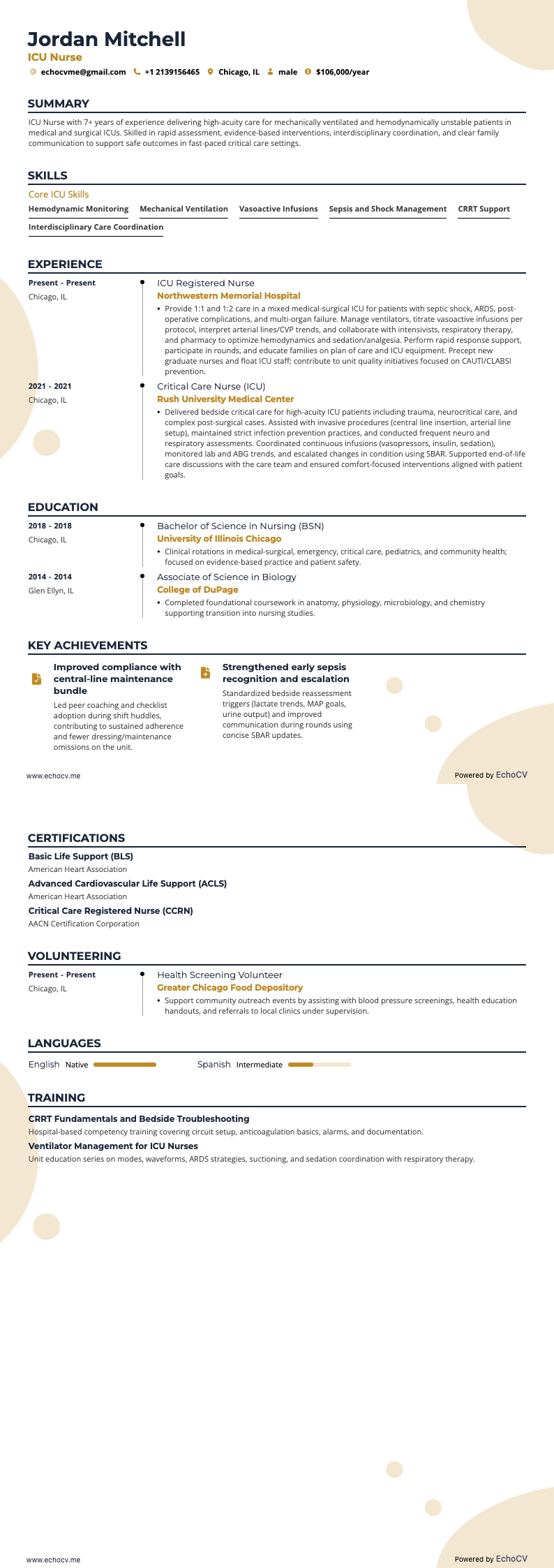 Điều dưỡng ICU example resume