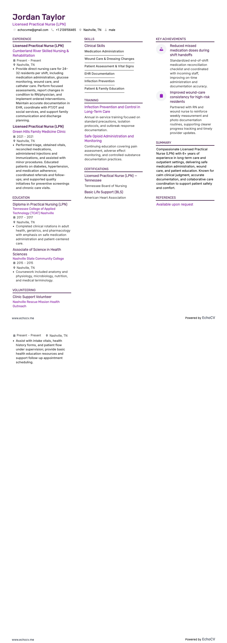 Y tá thực hành có chứng chỉ (LPN) example resume