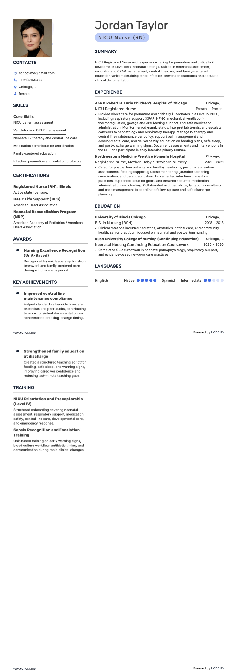 Y tá NICU example resume