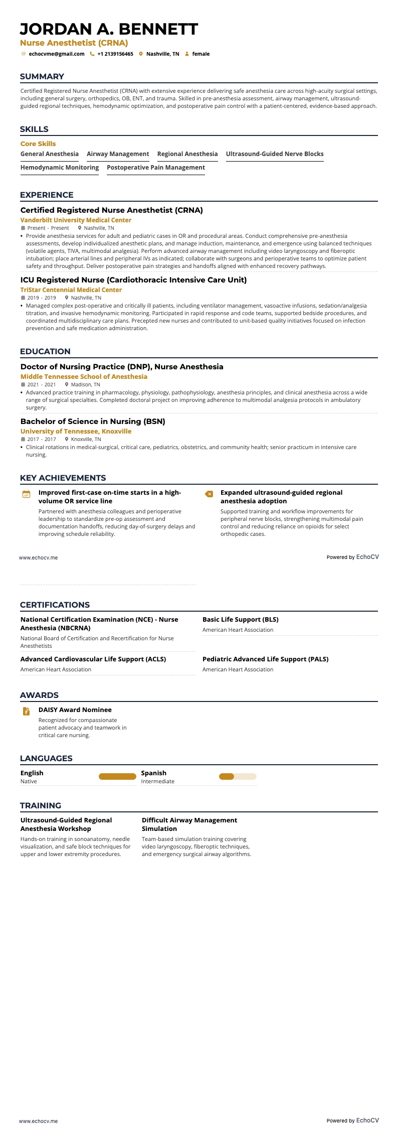 Điều dưỡng gây mê example resume