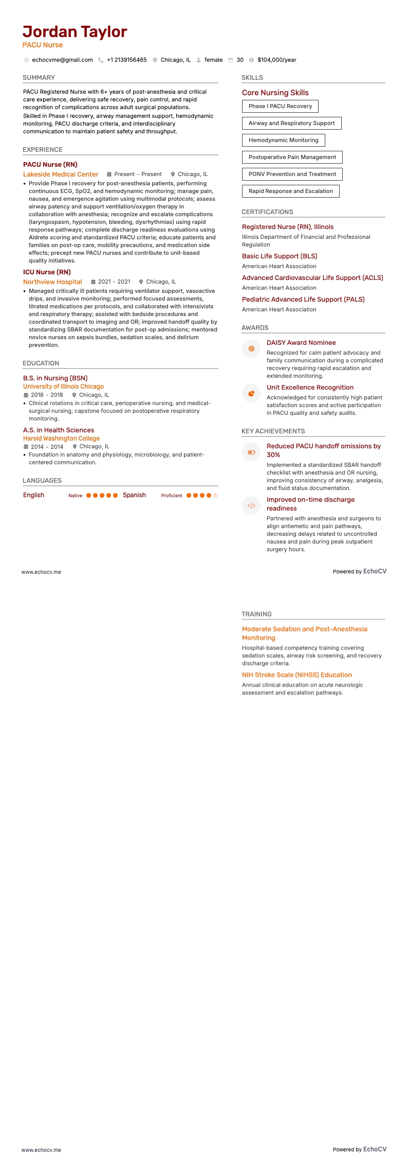 Điều dưỡng PACU example resume