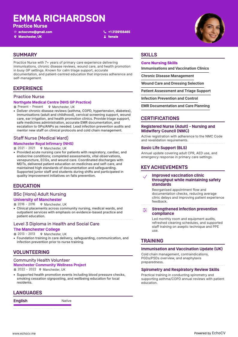 Y tá phòng khám example resume