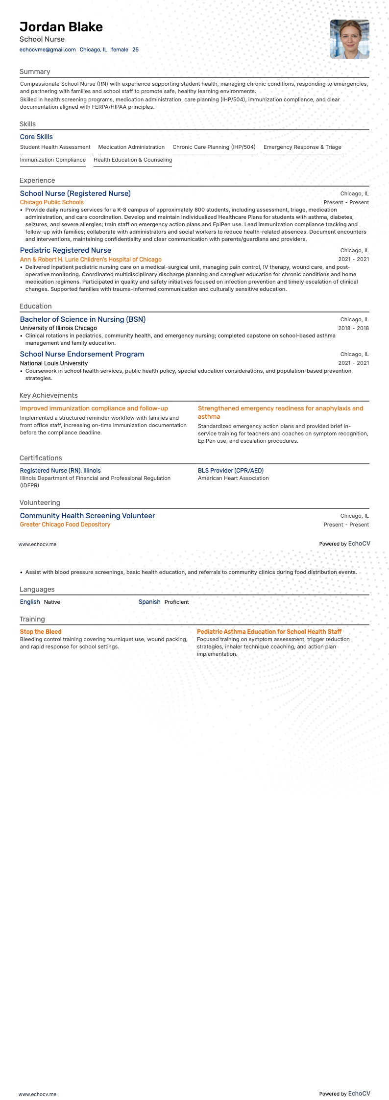 Y tá học đường example resume