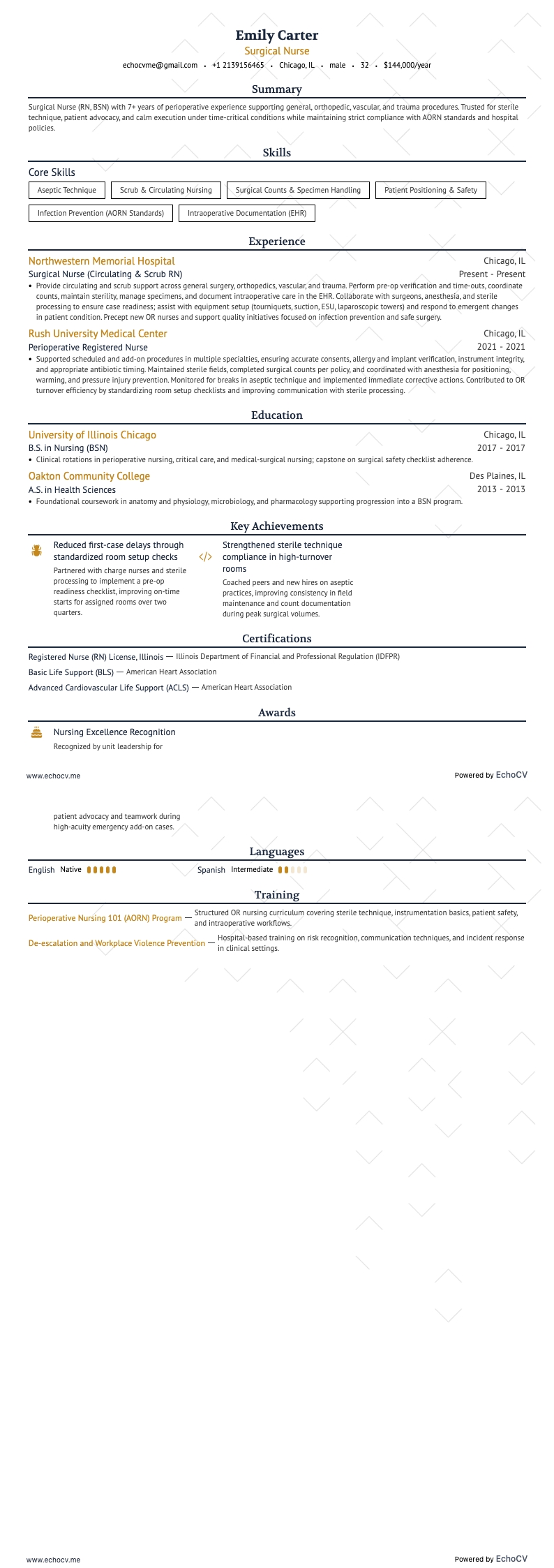 Y tá phẫu thuật example resume