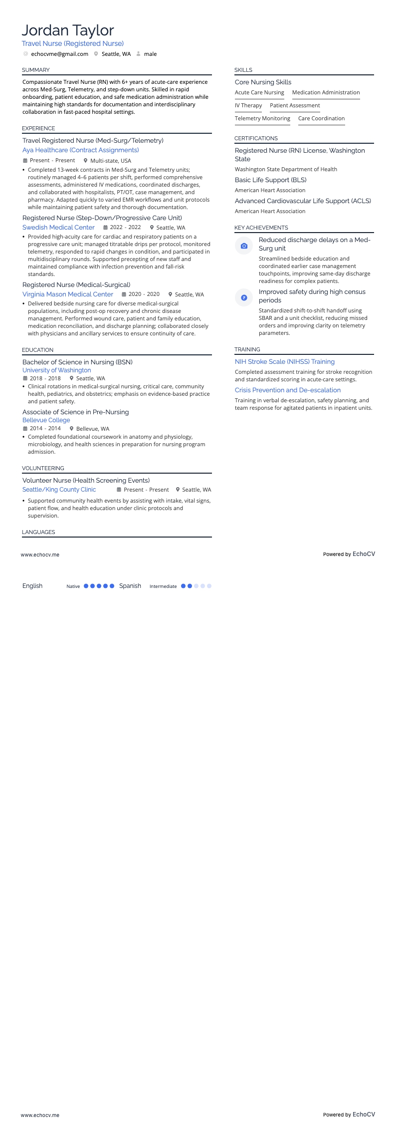 Điều dưỡng lưu động resume example