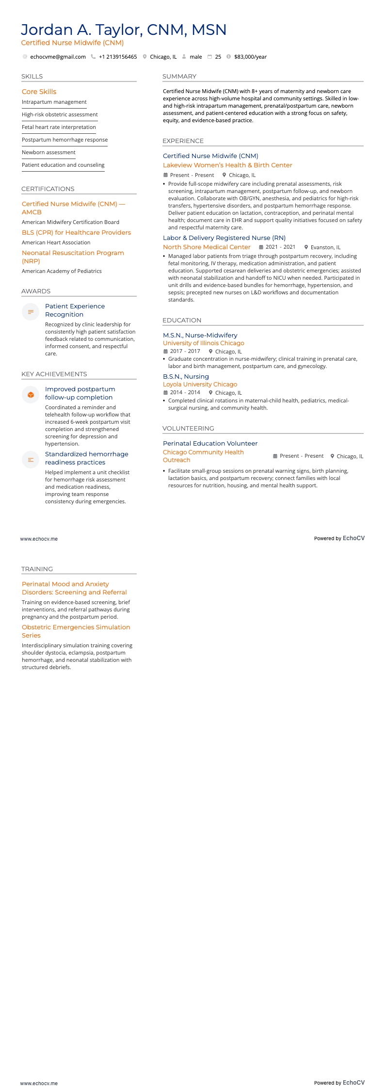 Y tá hộ sinh (CNM) example resume