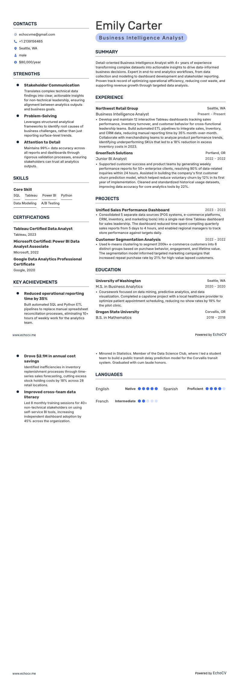 Business Intelligence Analyst example resume
