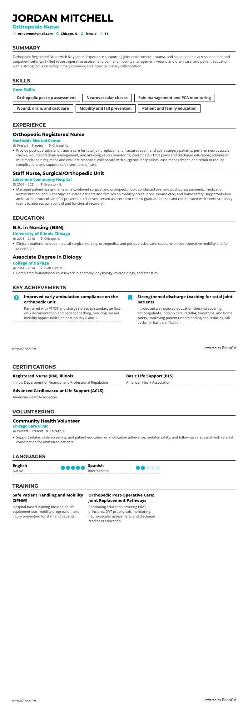 Y tá chỉnh hình example resume