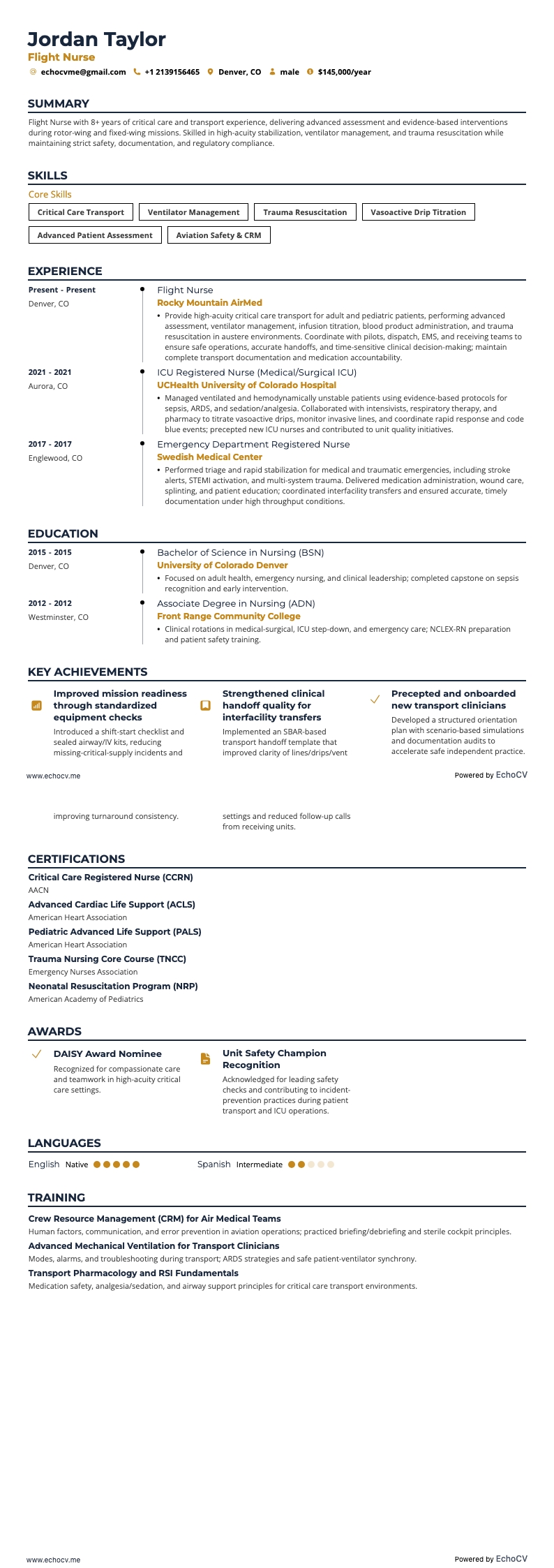 Điều dưỡng hàng không example resume