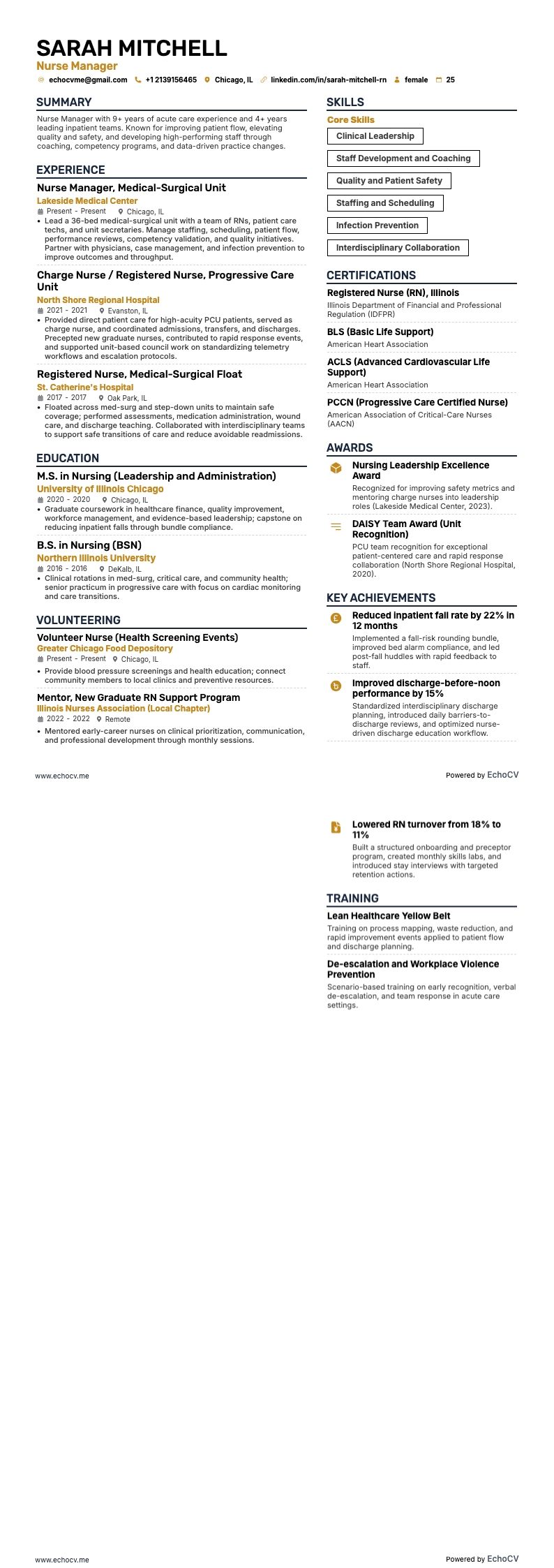 Quản lý điều dưỡng example resume