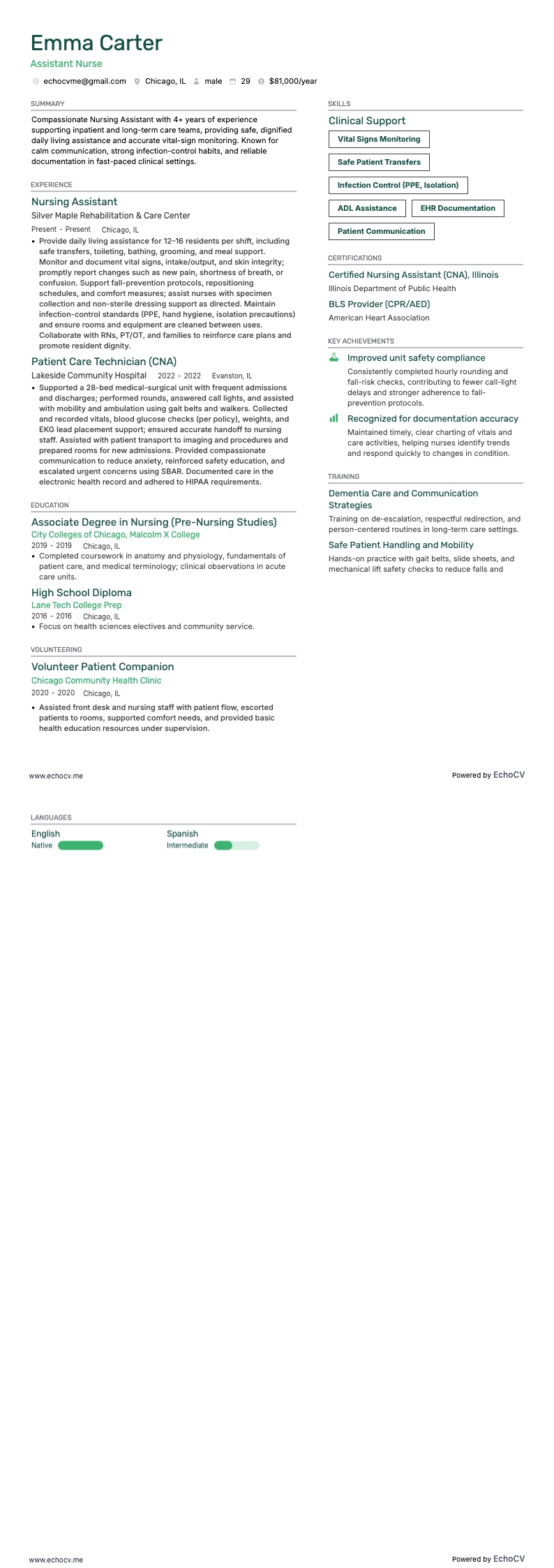 Assistant Nurse example resume