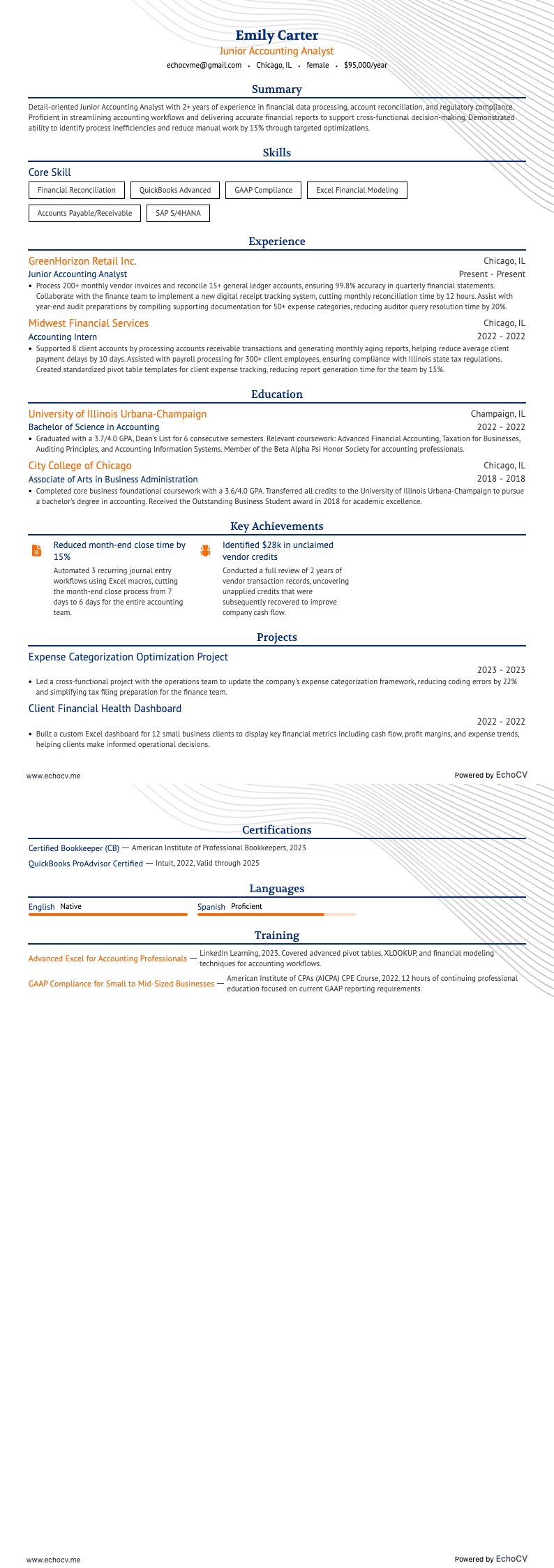 Analyste comptable junior example resume