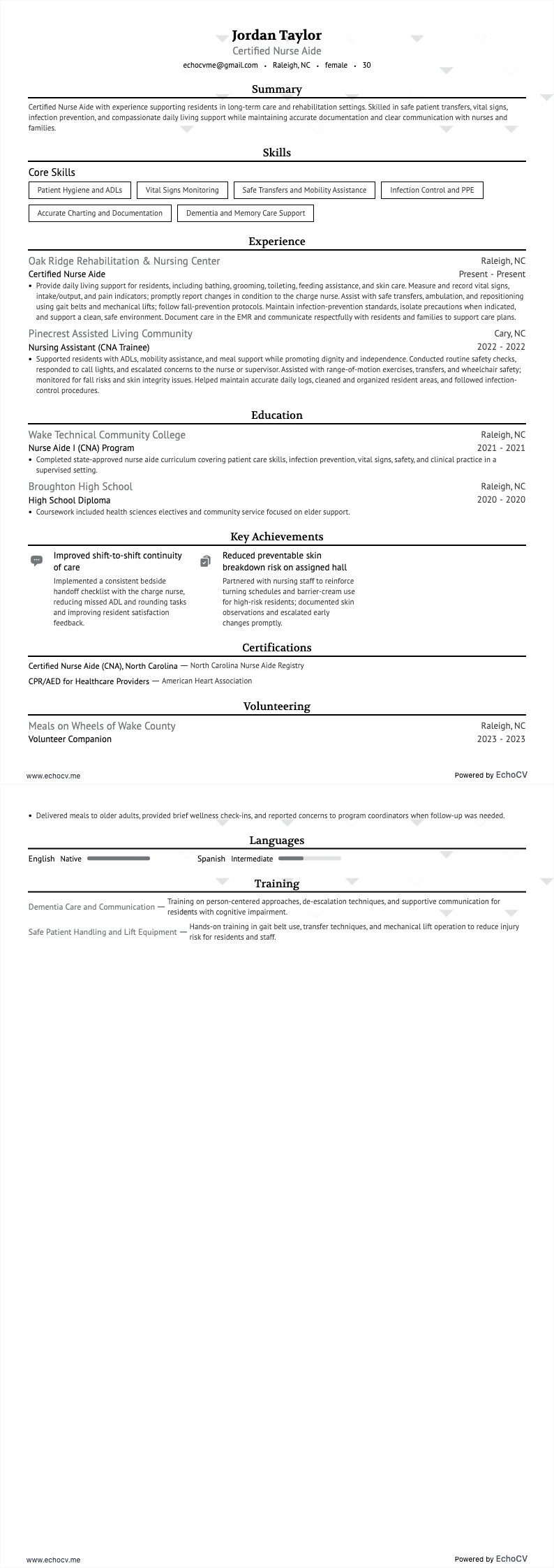 Certified Nurse Aide example resume