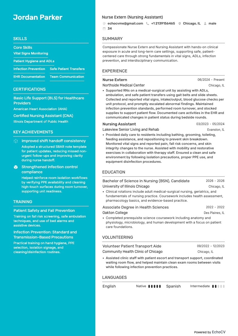 Nurse Extern example resume