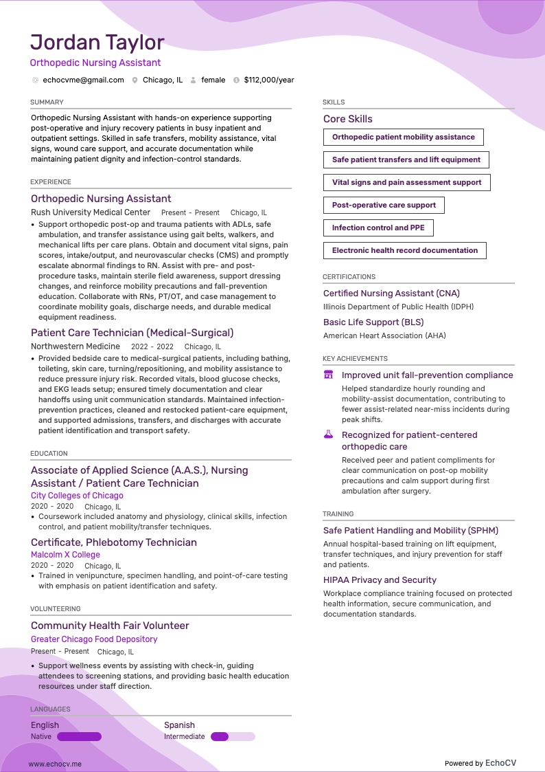Orthopedic Nursing Assistant example resume