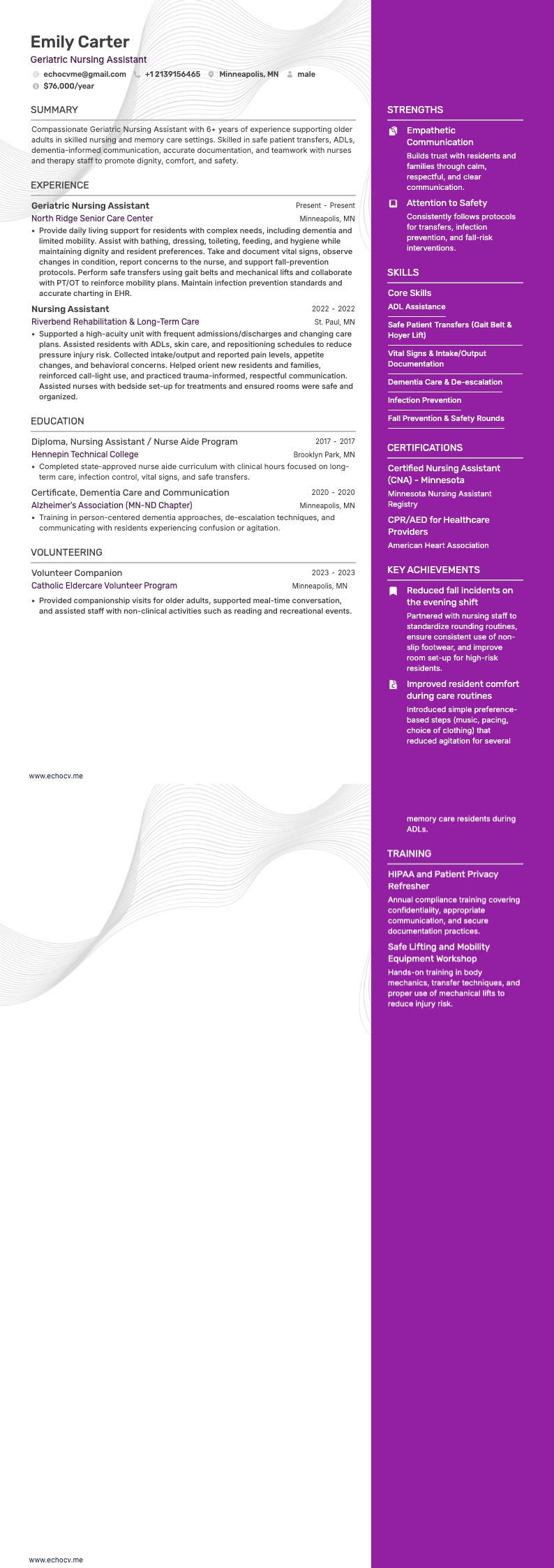 Geriatric Nursing Assistant example resume