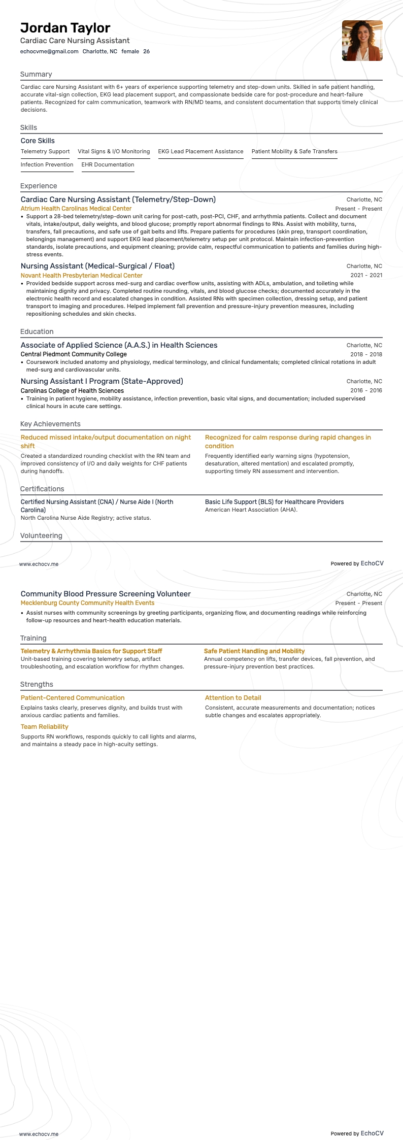 Cardiac Care Nursing Assistant example resume