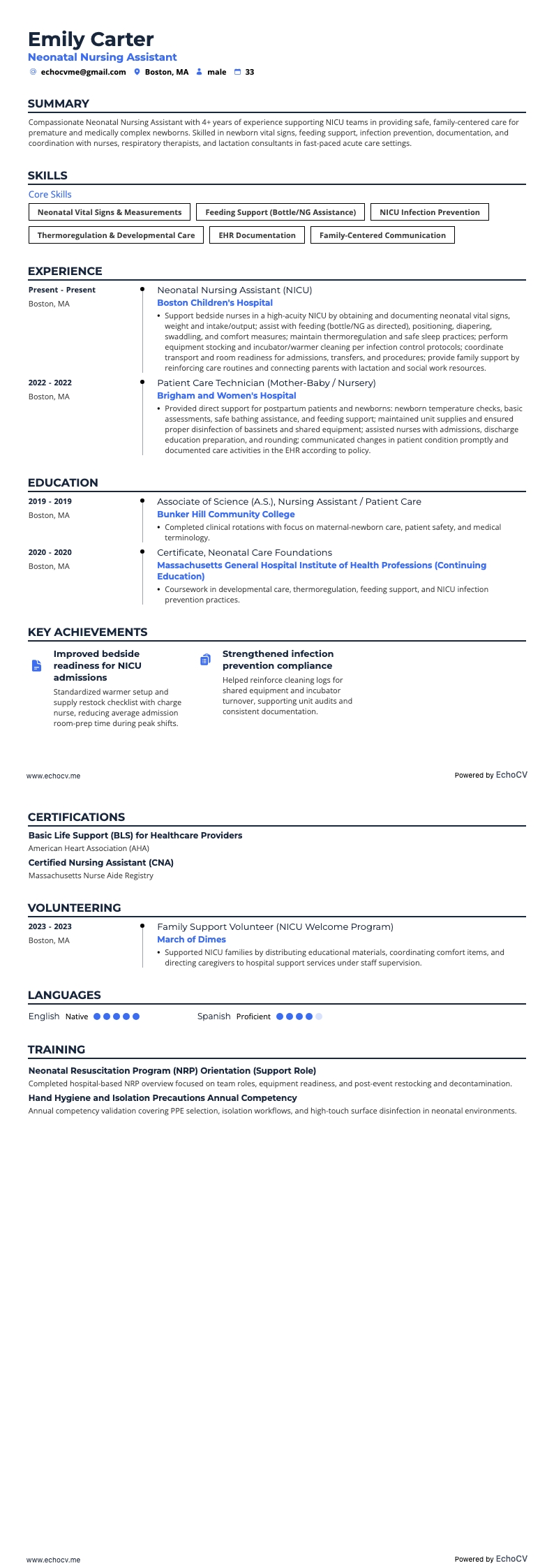 Neonatal Nursing Assistant example resume