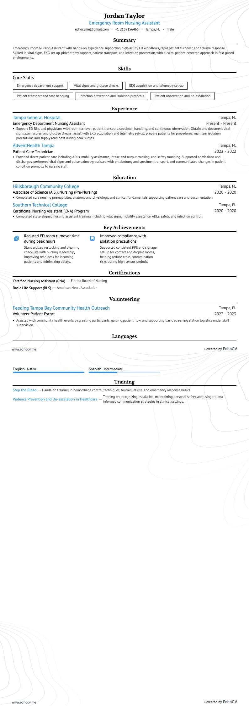 Emergency Room Nursing Assistant example resume