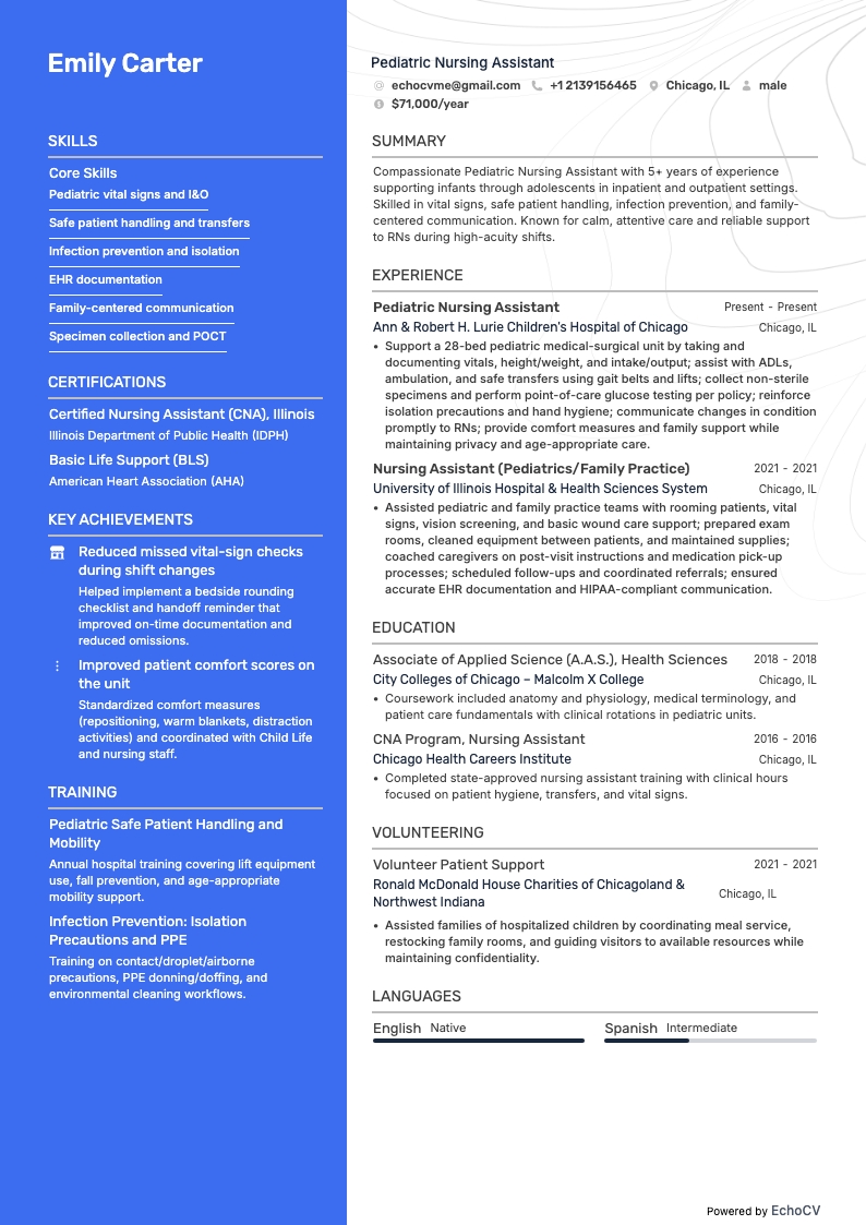 护理助理 resume example