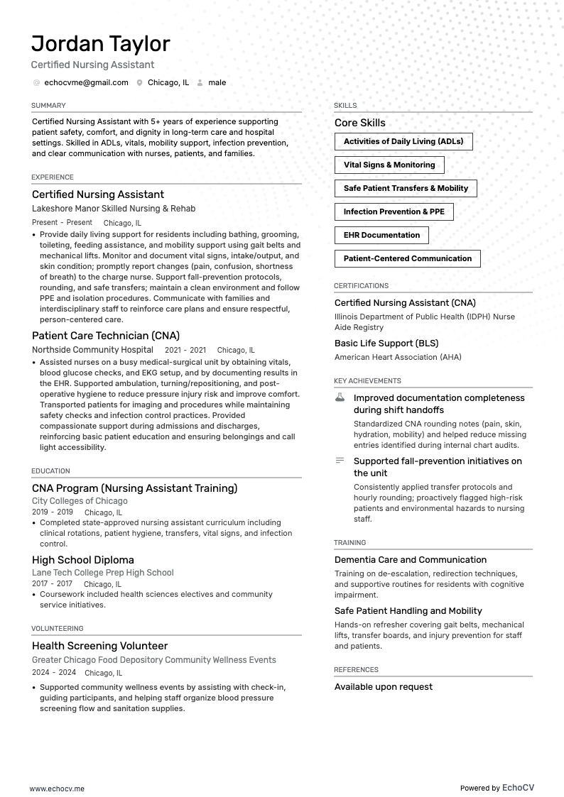 Certified Nursing Assistant example resume