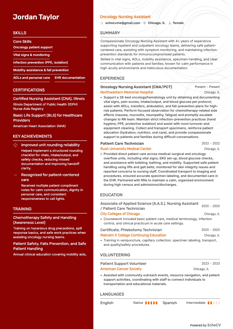 Oncology Nursing Assistant example resume