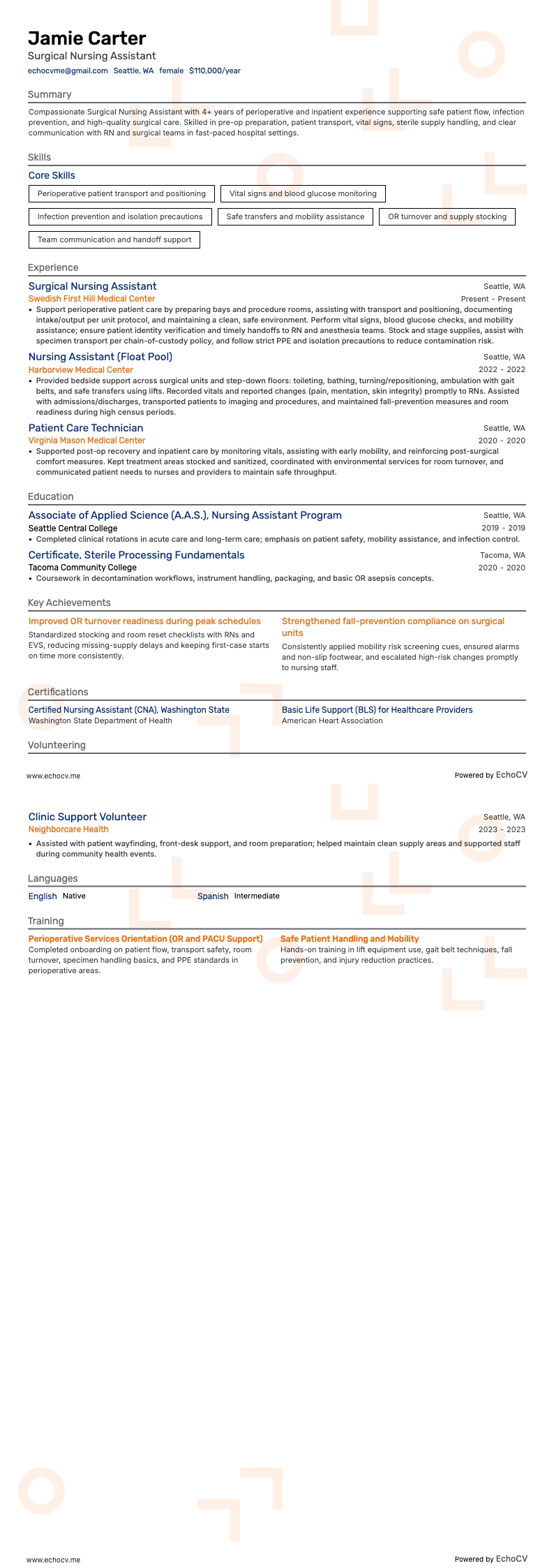 Surgical Nursing Assistant example resume