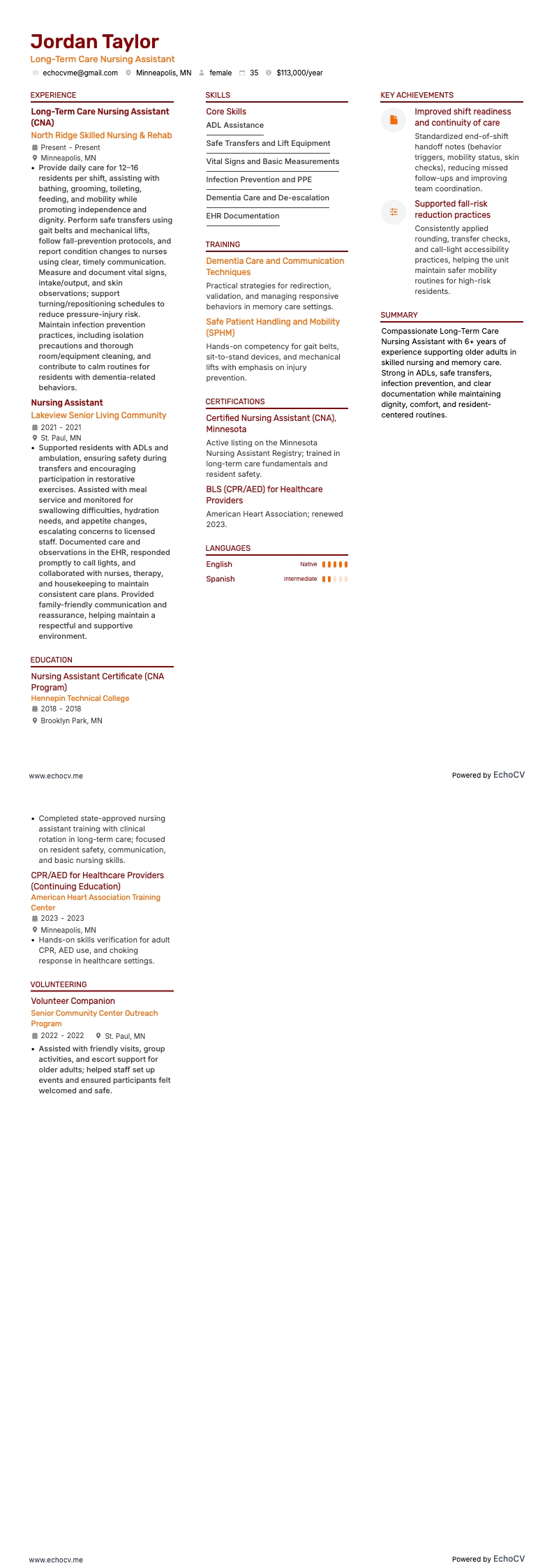 Long-Term Care Nursing Assistant example resume