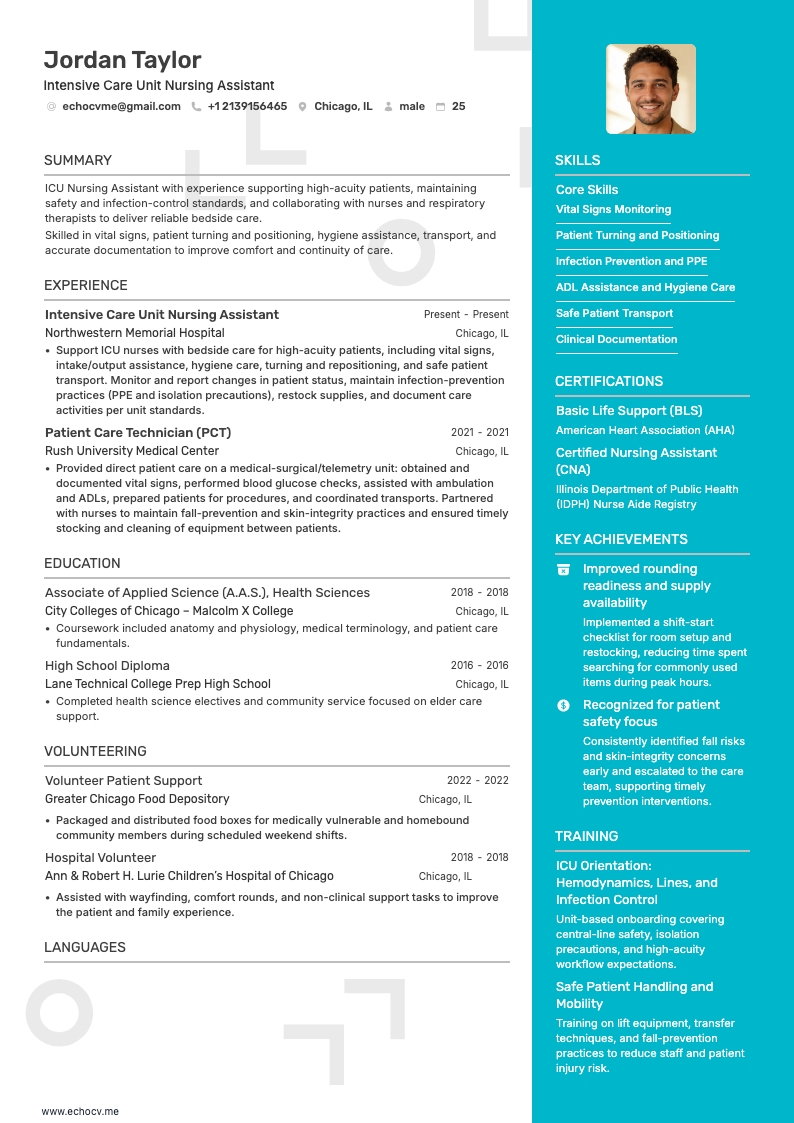 Intensive Care Unit Nursing Assistant example resume