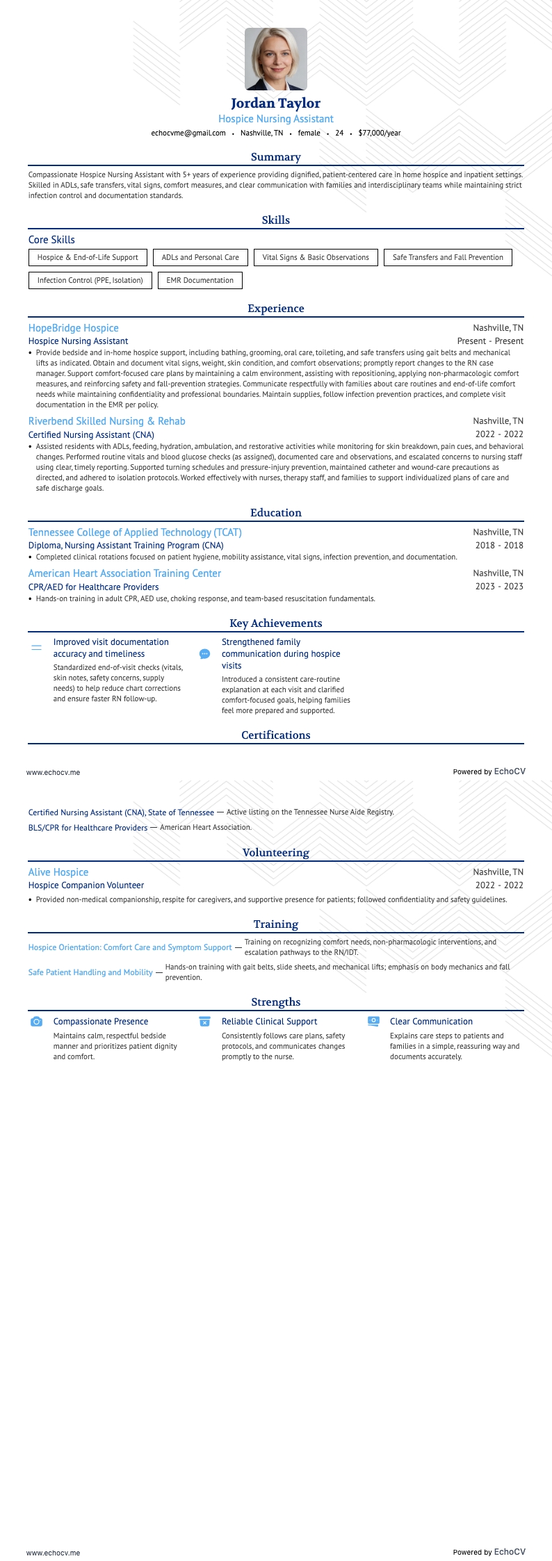 Hospice Nursing Assistant example resume
