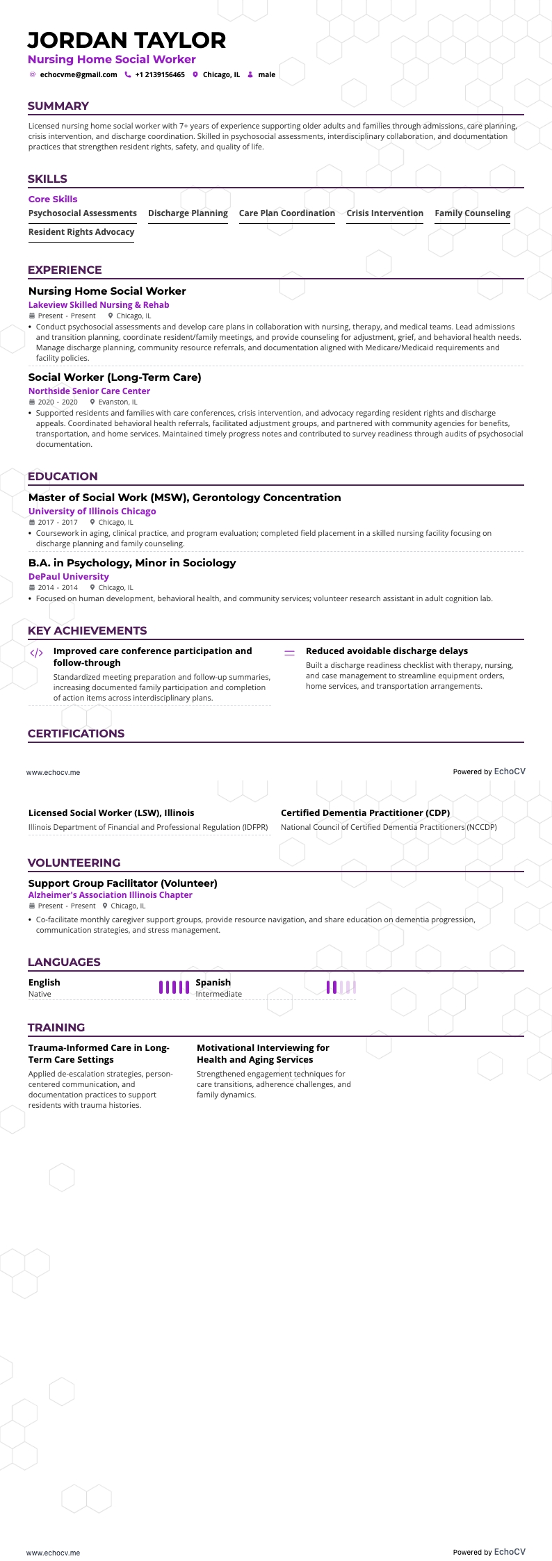 Nursing Home Social Worker example resume