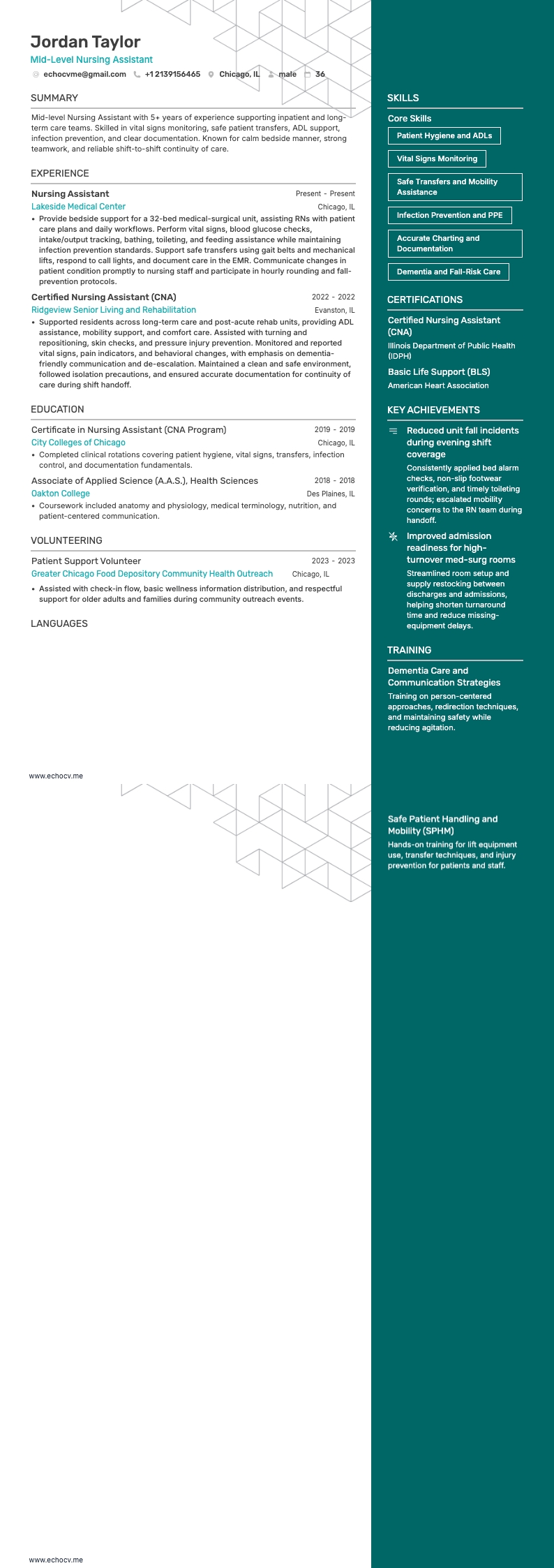 Mid-Level Nursing Assistant example resume