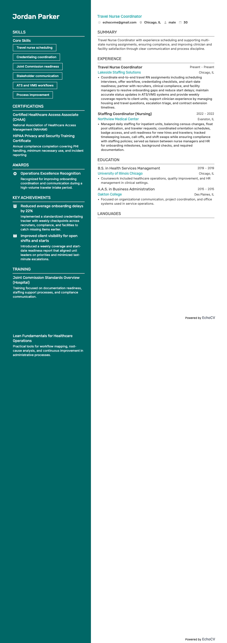 Coördinator reizende verpleegkundigen example resume