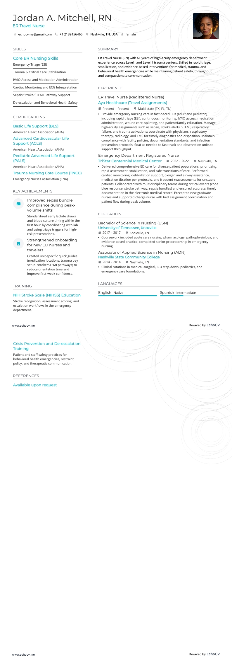 SEH-reisverpleegkundige example resume