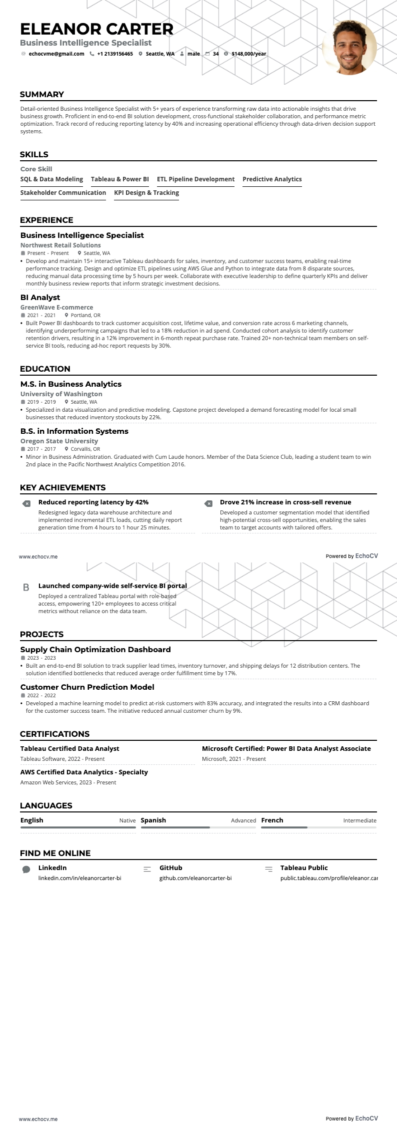 Business Intelligence Specialist example resume
