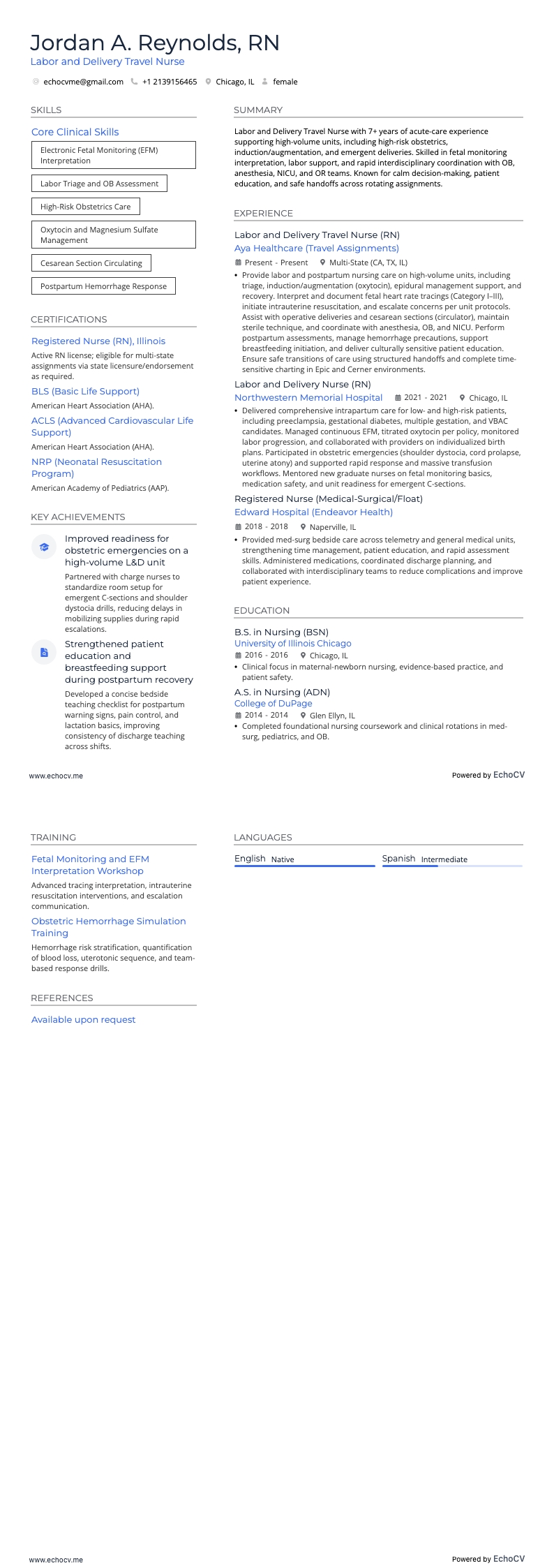 Reisverpleegkundige voor bevalling en verloskunde example resume