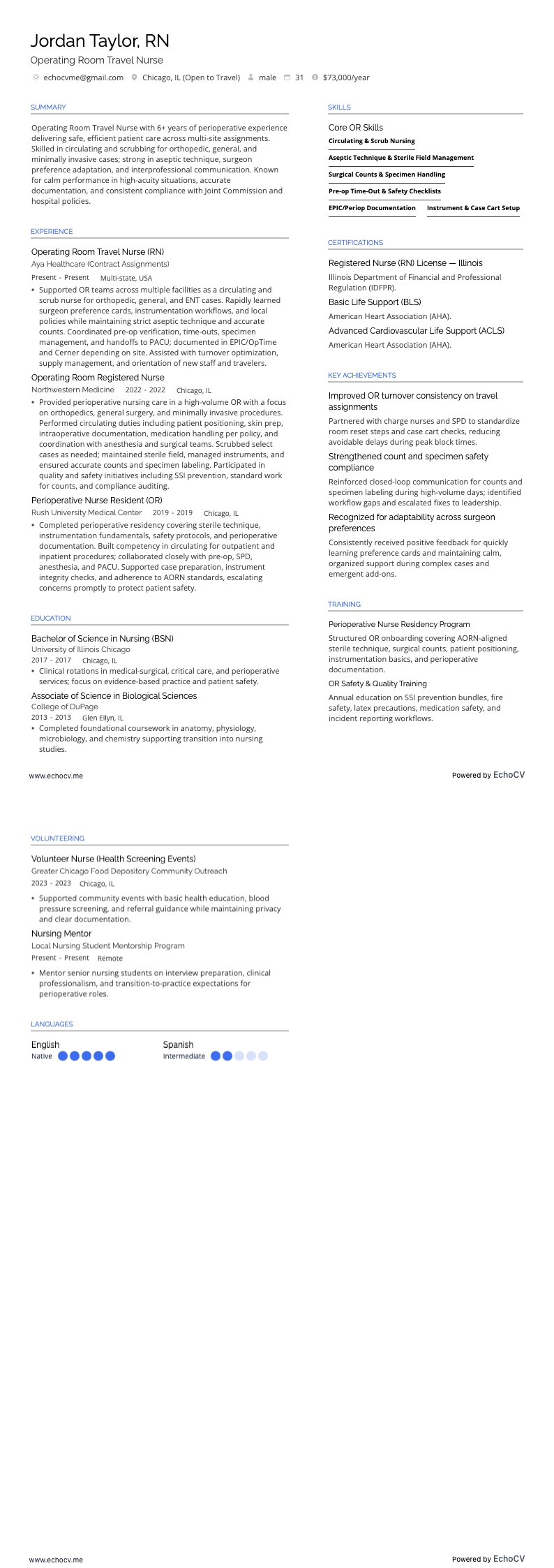 Reizende OK-verpleegkundige example resume