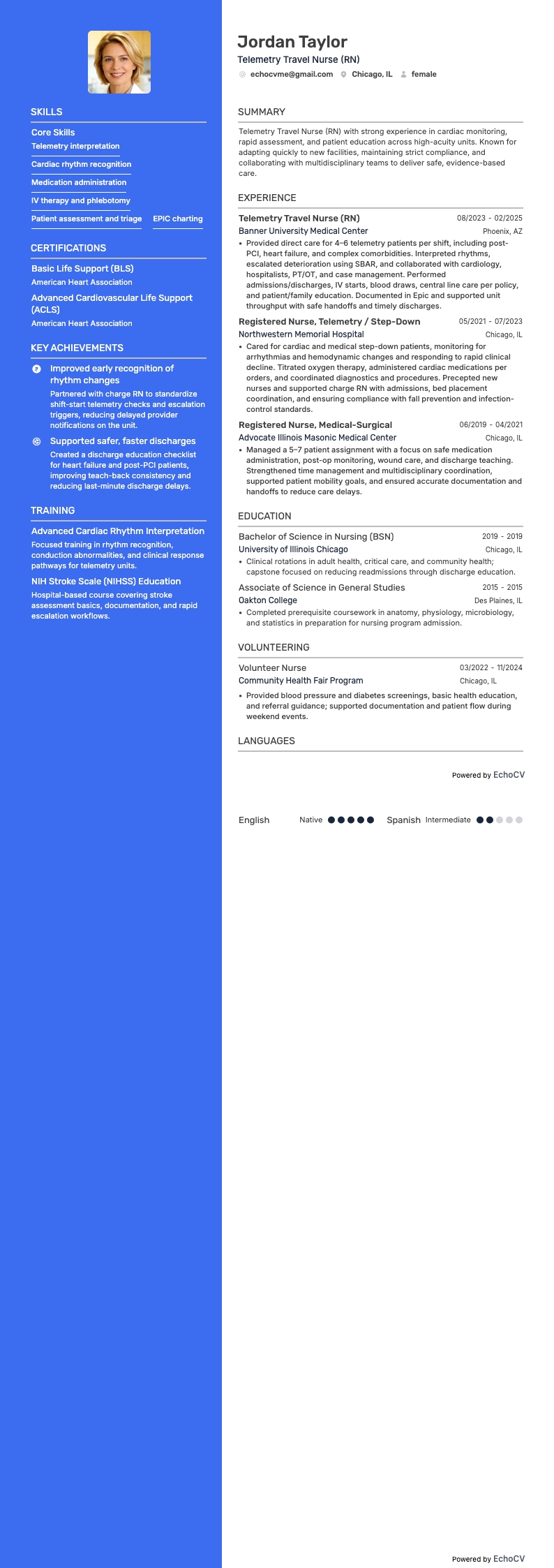Reisverpleegkundige telemetrie example resume