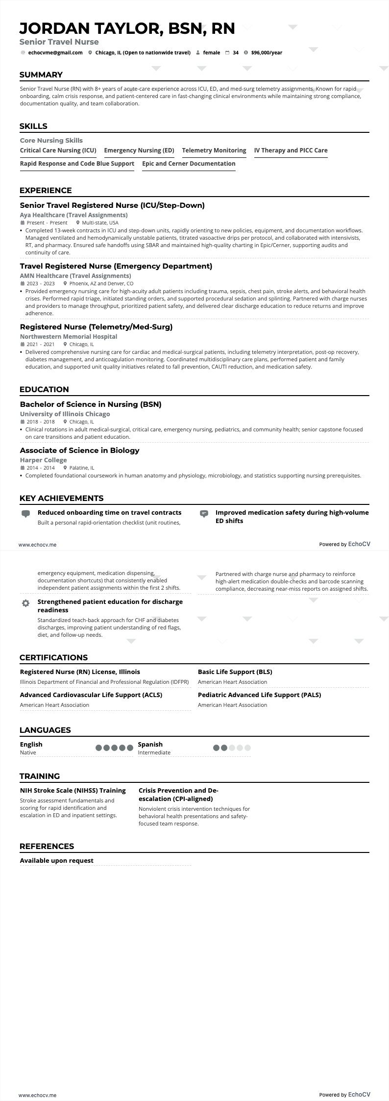 Senior reizende verpleegkundige volledige voorbeeldweergave