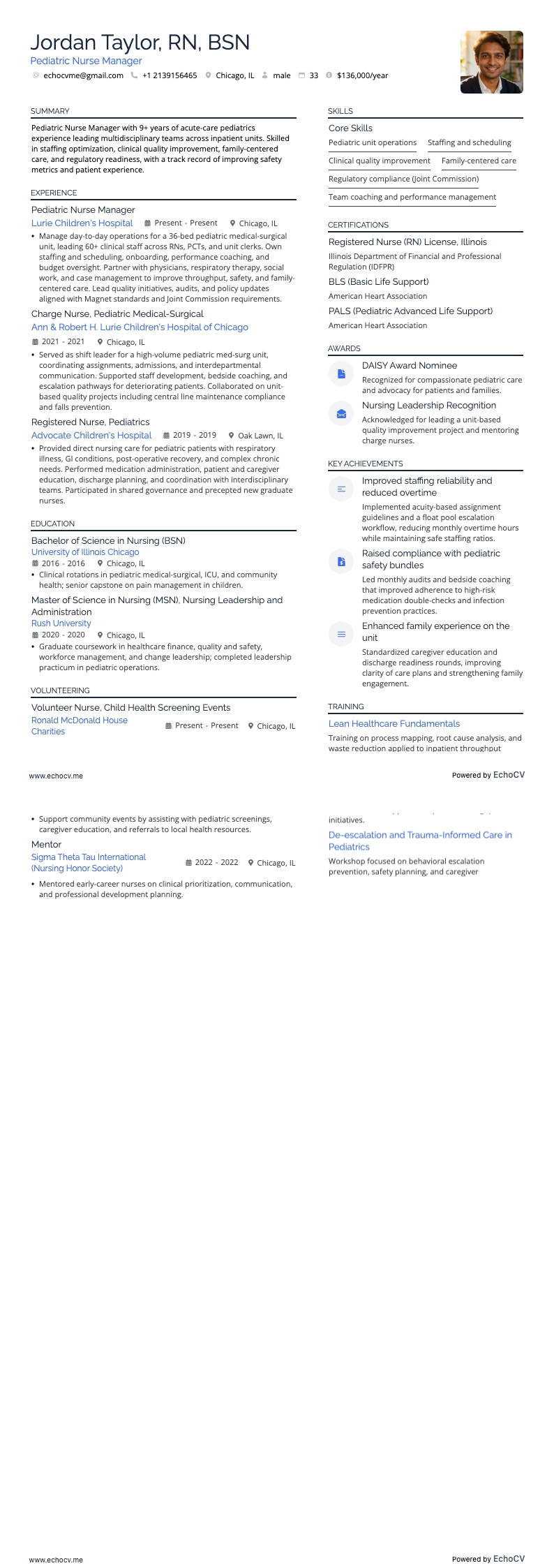 Chef för pediatrisk omvårdnad example resume