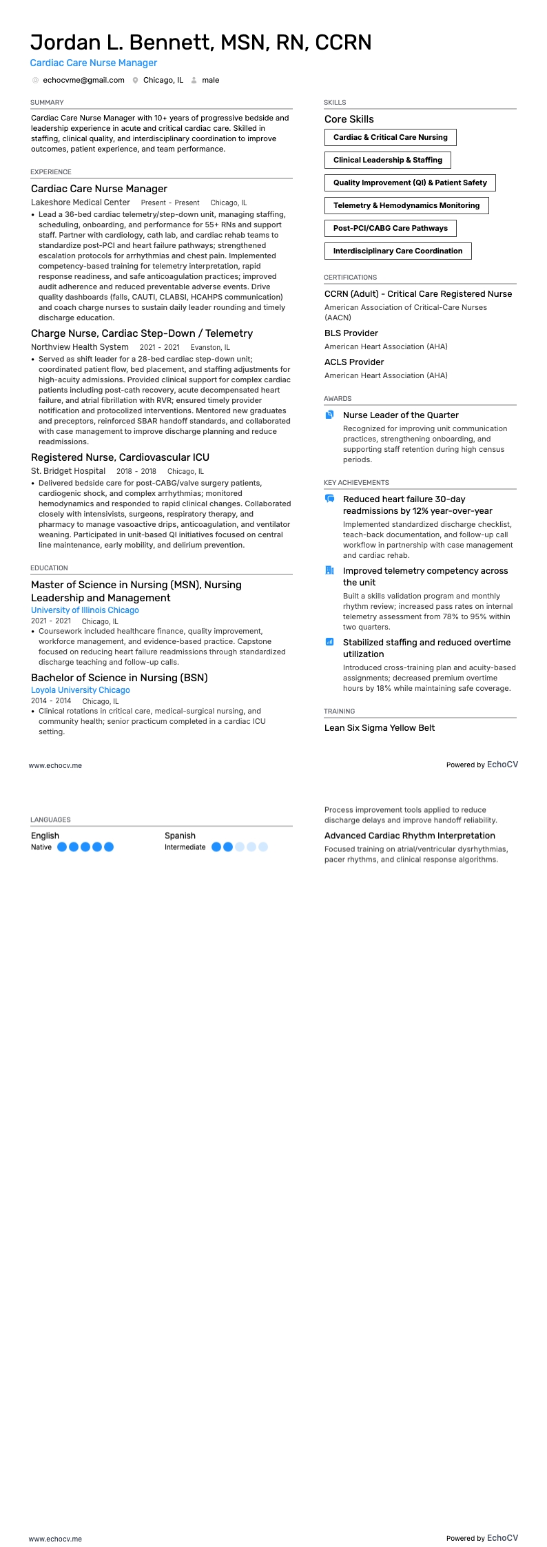 Chefssjuksköterska inom hjärtsjukvård example resume