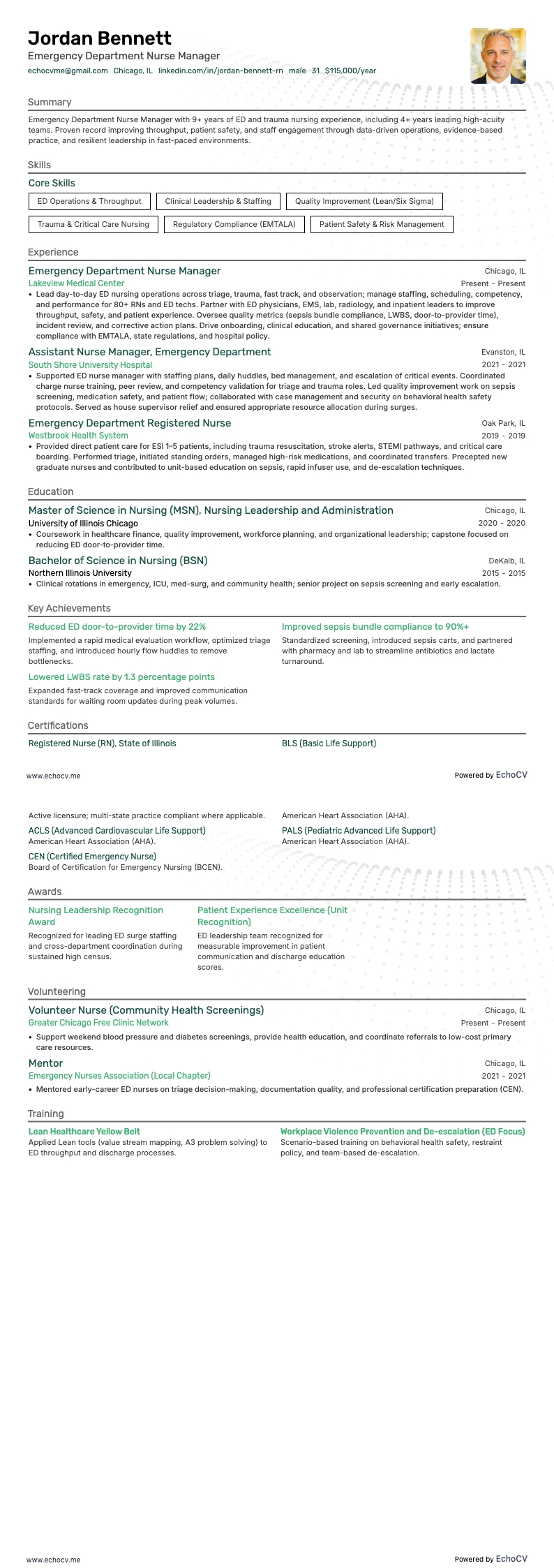 Sjuksköterskechef för akutmottagning resume example