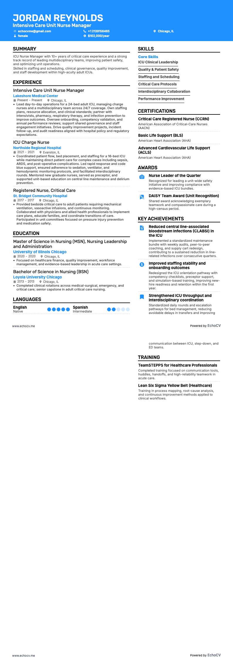 Chef för intensivvårdssjuksköterskor example resume