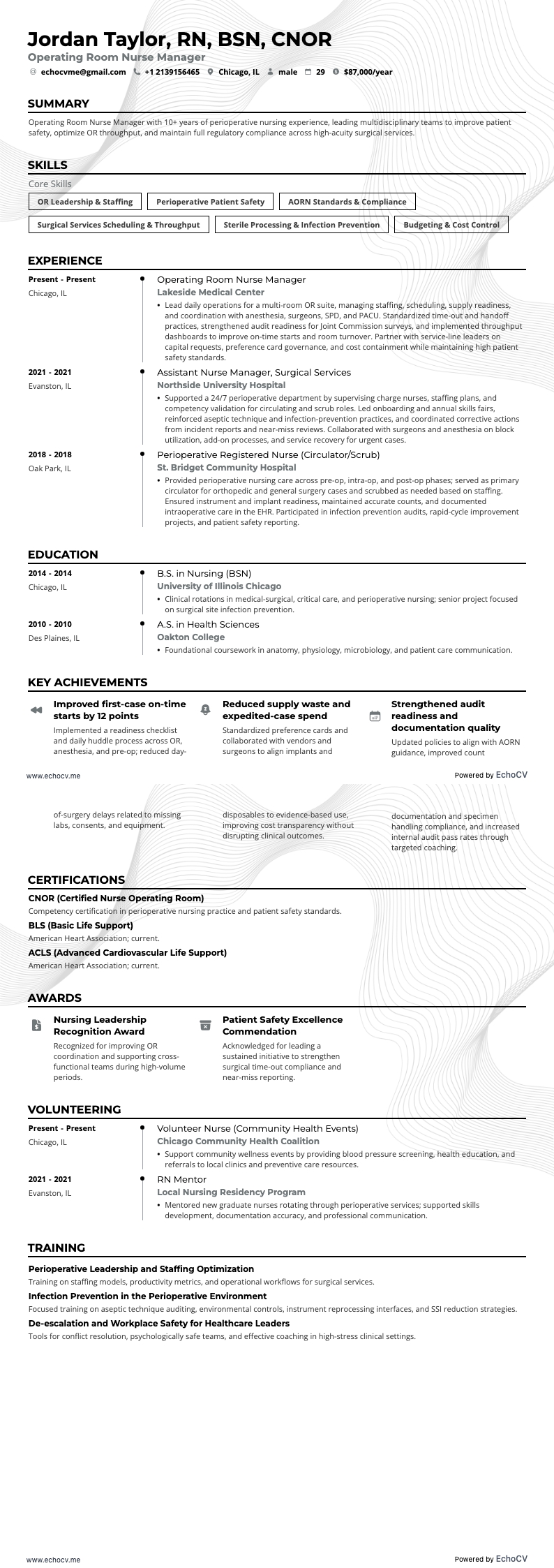 Chef för operationssjuksköterskor example resume