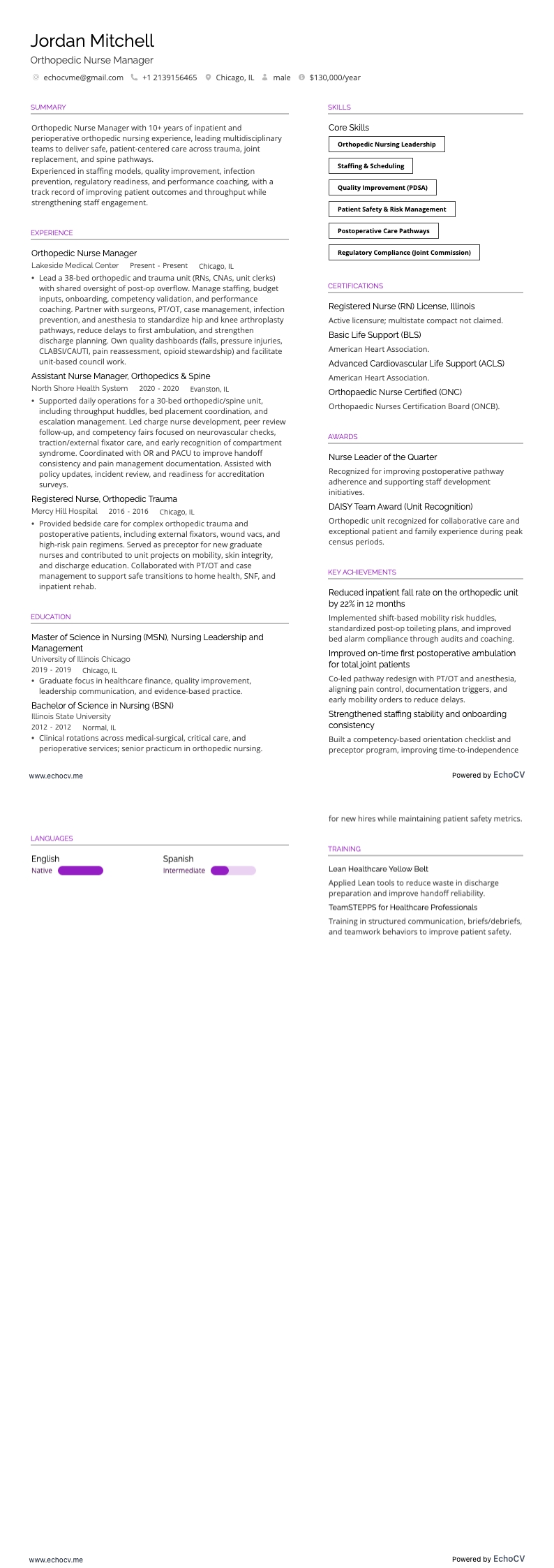 Chef för ortopedisk omvårdnad example resume