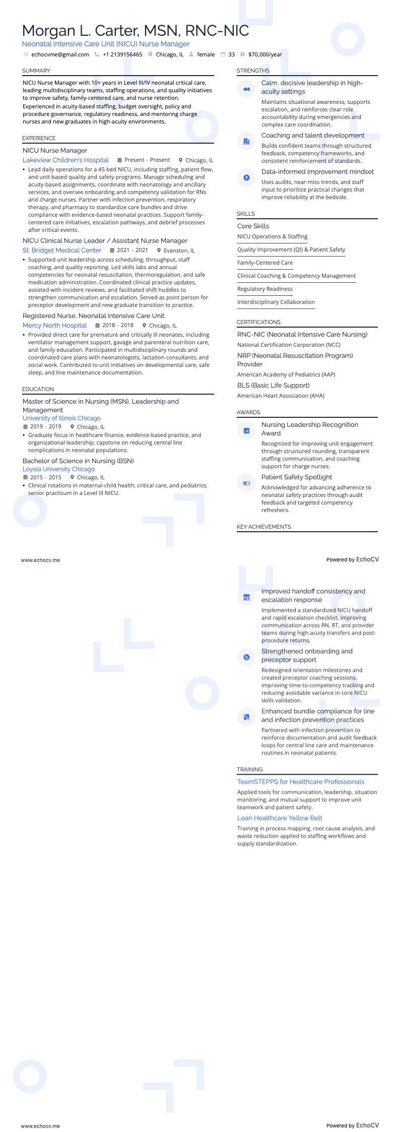 Sjuksköterskechef på neonatal intensivvårdsavdelning example resume